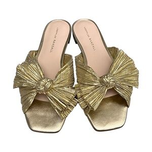 Loeffler Randall Gold Lame Bow Slide Sandals 7B Square Toe Metallic